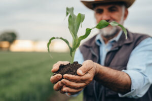 Mãos de um agricultor no campo segurando uma muda de uma planta