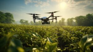 Veículo agrícola autônomo e drone estão trabalhando em terreno agrícola.