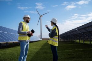 Engenheiros conversando em meio a fontes de energia renováveis
