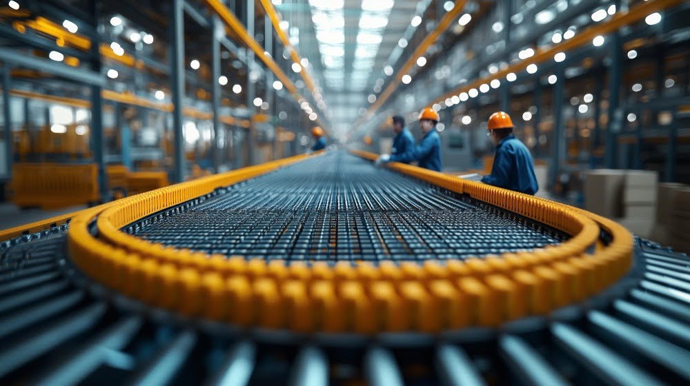 Processo de produção de uma fábrica em andamento