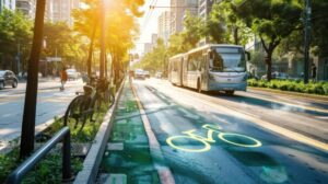 Avenida futurística com carros e ônibus elétricos